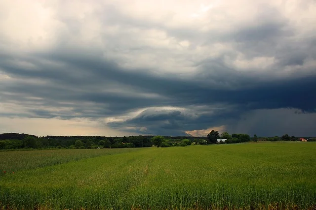 Stacja meteorologiczna na polu uprawnym z czujnikami temperatury i wilgotności